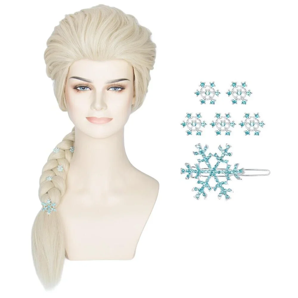 Women Blonde Braided Wig with Snowflake Hairpin Cosplay Costume Accessory